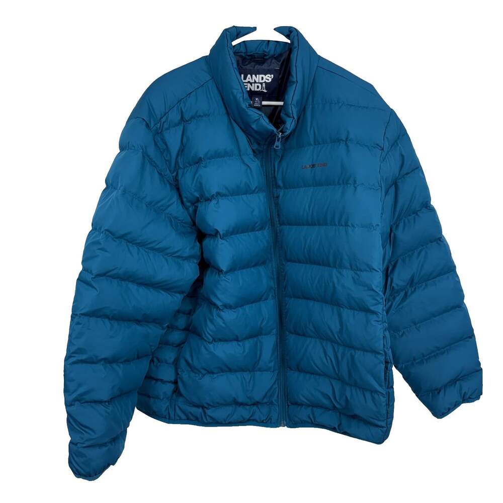 Lands End Men XL Down Puffer Jacket Blue Full Zip Long Sleeve Insulated Warm